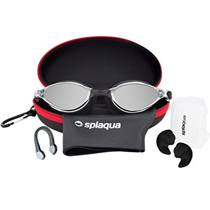 5 Piece Swimming Gear Set: Mirrored Goggles, Swim Cap, Ear Plugs, Nose Clip & Waterproof EVA Case - by Splaqua